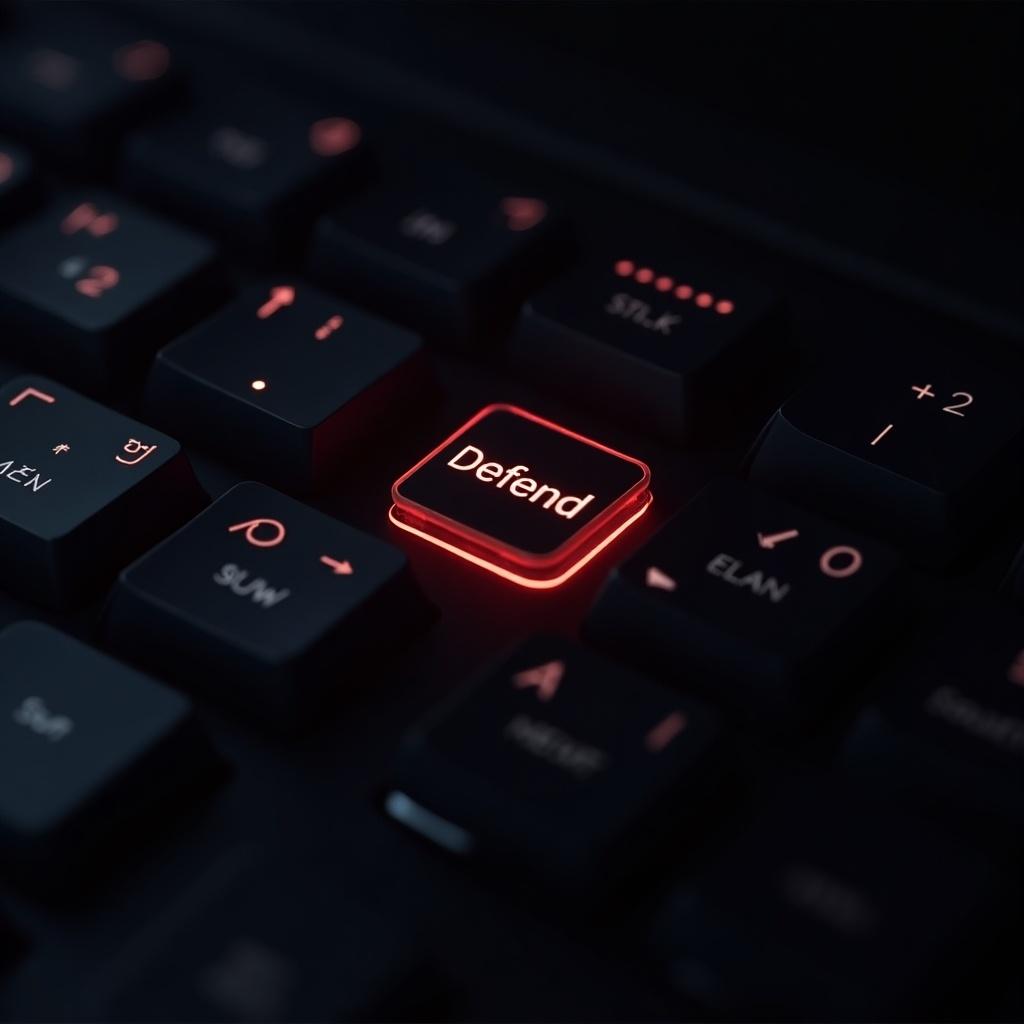 AI-Enhanced keyboard features a new red 'Defend' key. Keyboard glows with alarm. OLED display shows cyberattack runtime.