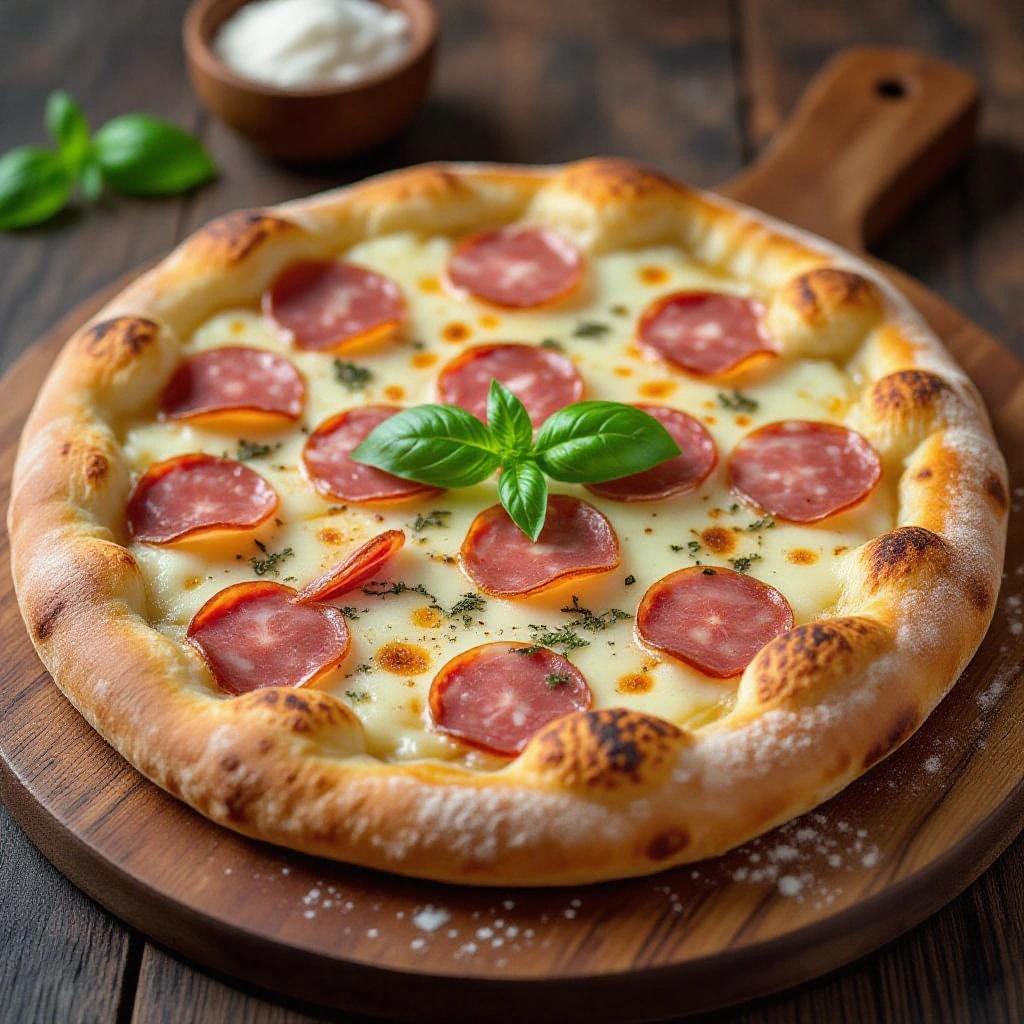 A close-up view of a pizza featuring slices of mortadella. The pizza has a golden-brown crust, melted cheese, and fresh basil leaves on top. It is placed on a wooden cutting board, with a side of cream in a bowl.