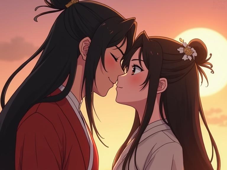 Anime illustration of two characters sharing a tender kiss against a sunset backdrop. The characters have long dark hair and traditional attire. Emotions are depicted through their facial expressions and gentle interaction.