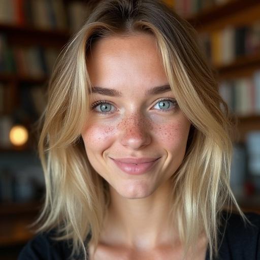 A young woman in a casual setting. She has shoulder-length blonde hair and expressive blue eyes. Her face is lightly freckled. The photo captures a relaxed atmosphere in a book-lined cafe.