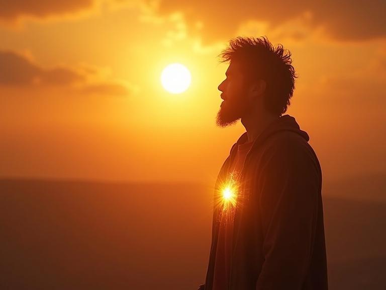 A man named Enoch with a glowing spark in his chest gazes toward a radiant horizon at sunset. The style is symbolic with warm tones.