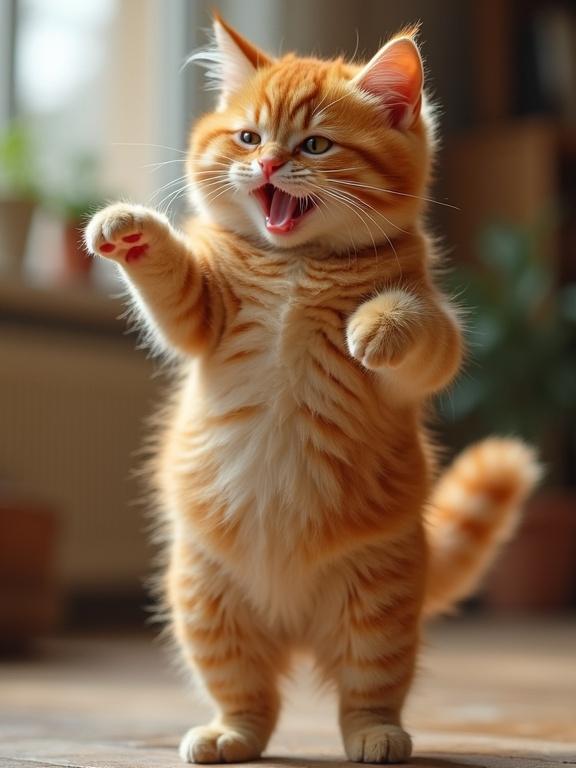Dynamic camera shot of a chubby orange cat dancing on two legs. Front paws swing to rhythm. Hips circle with precise movements. Belly jiggles vigorously. Playfully shifts weight from leg to leg. Scene is lively and charming.