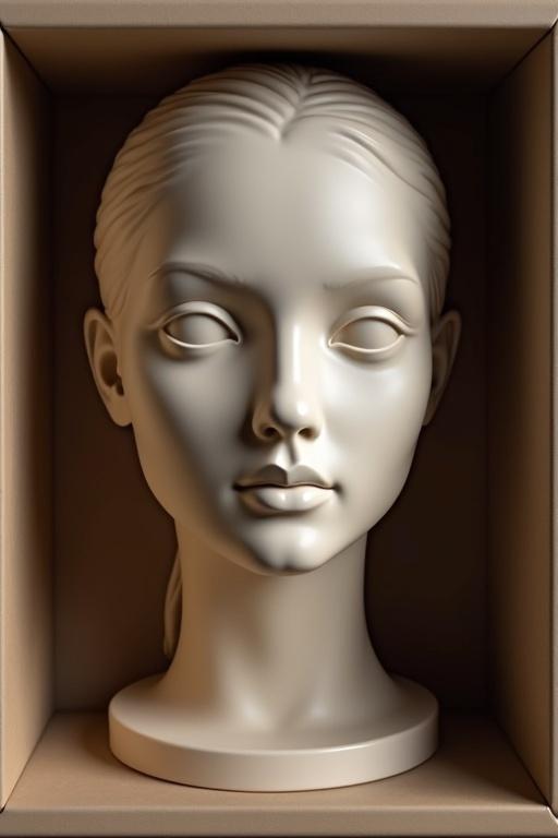 A realistic female head sculpture is displayed in a box. The head is centered in the box, with soft lighting enhancing its features. The box has a clean and minimalistic design, emphasizing the head's details.