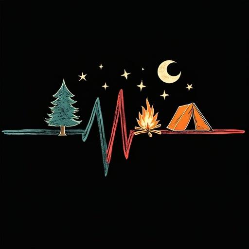 This graphic design showcases a heartbeat line in vibrant colors with outdoor camping elements. A pine tree, campfire, and tent are integrated within the line. The backdrop is black. The design features a crescent moon and stars above the campfire and tent suggesting a connection to nature. A modern yet rustic aesthetic is present with minimalist line-art style.