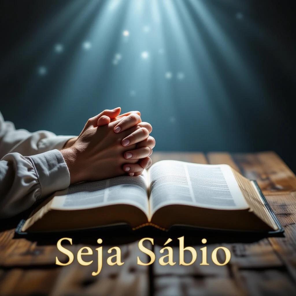 Thumbnail image featuring an open Bible on a rustic wooden table with two hands joined in prayer. A soft bluish-white celestial light beam illuminates the Bible and hands against a dark background. The text 'Seja Sábio' appears in large serif font at the bottom in soft golden color with a subtle glow. A cinematic style enhances the 8K quality with realistic depth of field, conveying peace and wisdom.