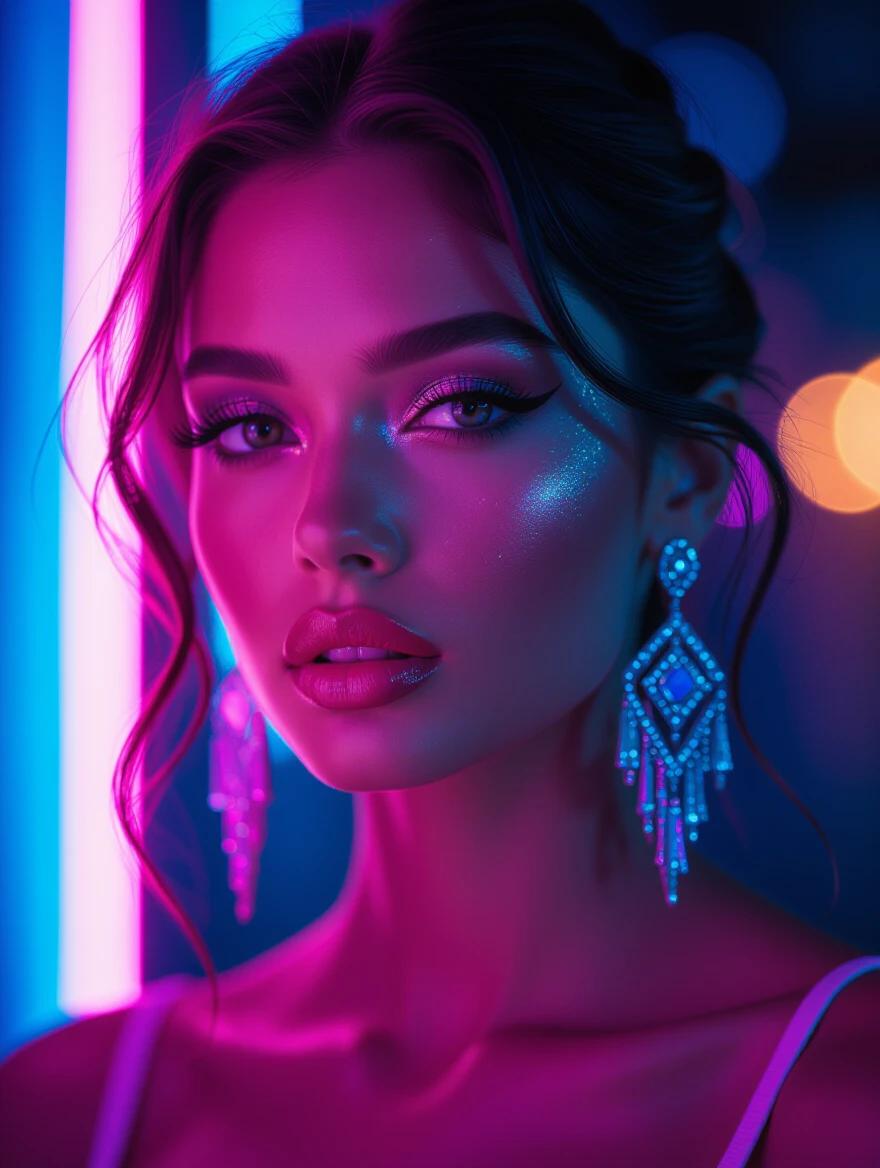 Close-up portrait of a person illuminated by vibrant neon lights. The lighting creates a dramatic glow on the face with shades of blue, pink, and purple. Subject wears elaborate earrings and bold makeup with glitter highlights. Background is softly out of focus.