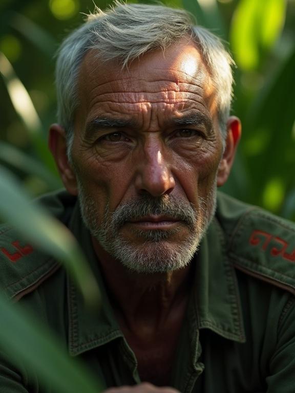 Depiction of a 60-year-old cartel leader posing in a dense jungle. The individual displays a cruel expression. The environment is rich with green foliage and dappled sunlight. The focus is on the leader emphasizing his dominance in the surroundings.
