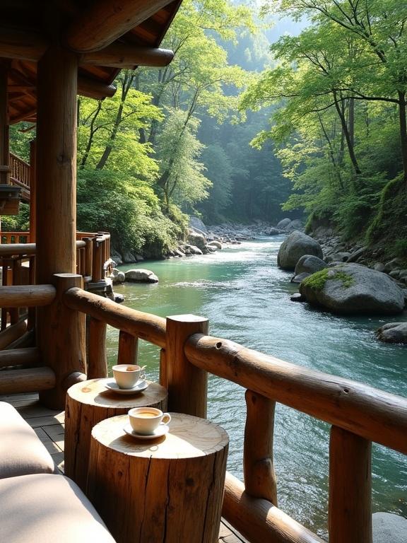 A peaceful riverfront scene from a wooden balcony. The balcony features cushioned seating and wooden tables with coffee cups. The river flows gently with visible stones, surrounded by a dense forest under soft sunlight. Lush greenery with various tree types forms the backdrop.
