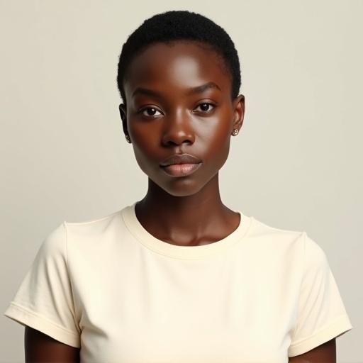 Photorealistic portrait of a Black woman with short bob hairstyle wearing cream T-shirt. Subject centered with head and chest visible. Neutral expression, natural skin texture, rich brown complexion. Soft lighting for clear features. Detailed and realistic skin tones.