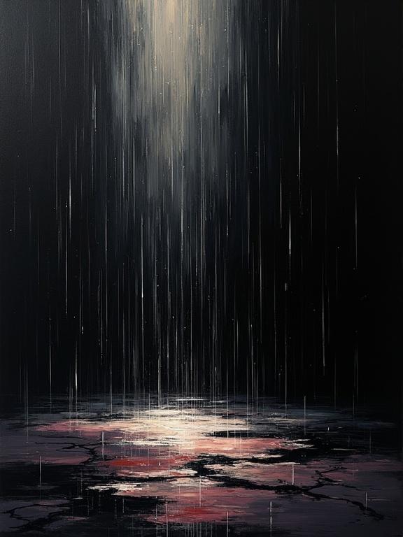 Digital oil painting showcases a minimalist style with harsh paint strokes. Black background with cubist elements and unfinished aspects dominate. Flat colors create formless shifting voids. Shadows emerge from visual layers of rain that erode the floor into fractured sections.