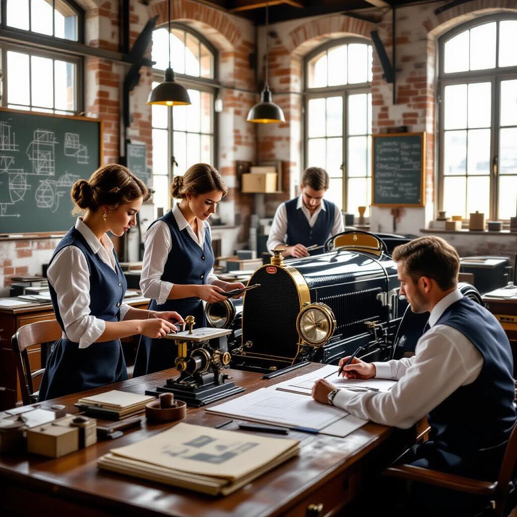 A 1925 Bugatti Molsheim workshop scene. Women in wool waistcoats and arm garters are measuring a Bugatti Type 35 chassis. Men are calculating and recording data at an oak drafting table. The desks are cluttered with blueprints weighted by pistons and chalkboards covered with equations. Sunlight illuminates dust motes in the factory. Tools like a pocket watch, compasses, and French curves are present.