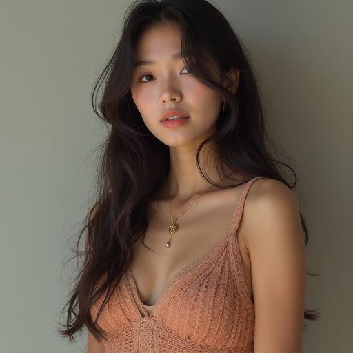 A beautiful Asian woman in a soft top. Realistic style. Warm lighting. Focus on beauty.