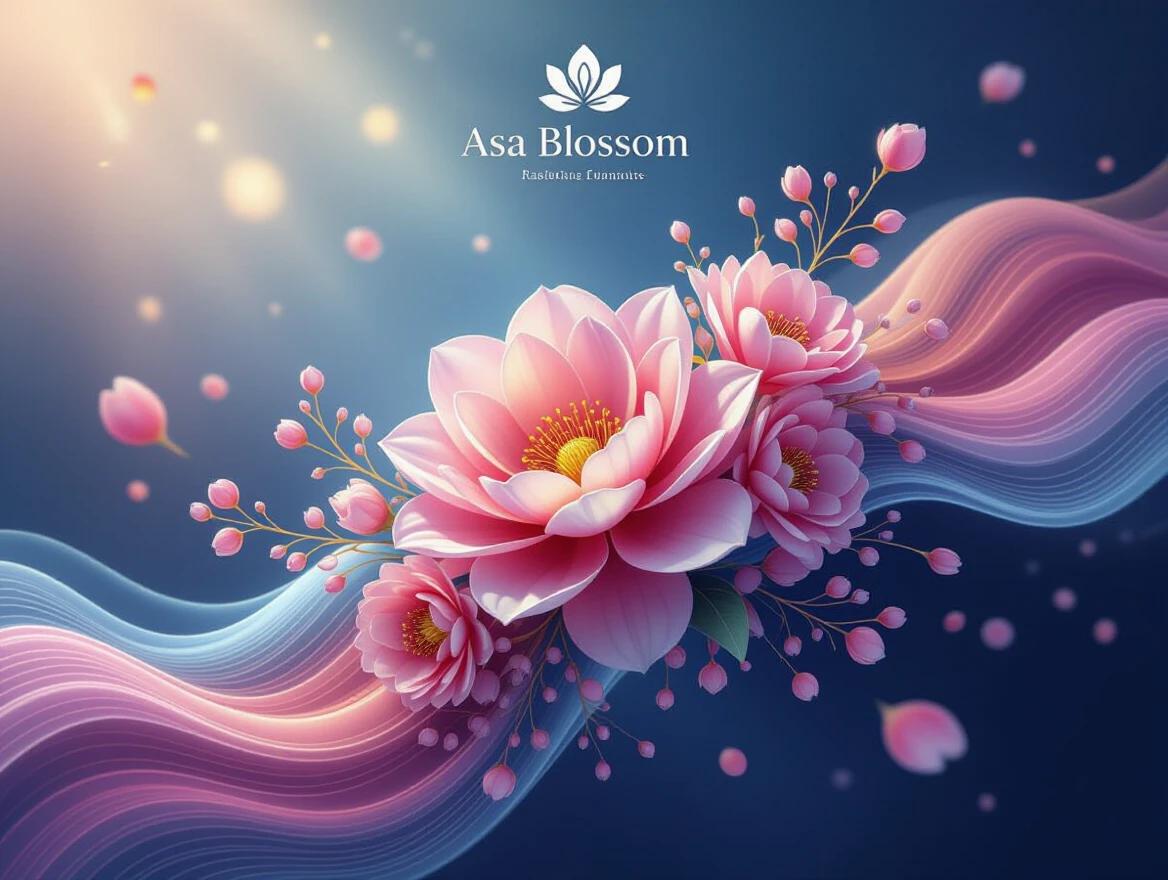 A beautiful flower arrangement consisting of pink lotus on a wavy line. The scene appears floating in a surreal and magical atmosphere. The colors are vivid and create a dreamlike feel. A logo saying ASA BLOSSOM is centered at the top.