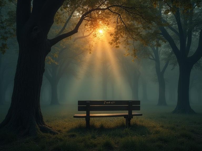 A solitary wooden bench in a dimly lit misty forest at dusk. An elegant note on the bench says "I'm not 57". Warm golden rays from the setting sun filter through trees, creating a serene atmosphere.