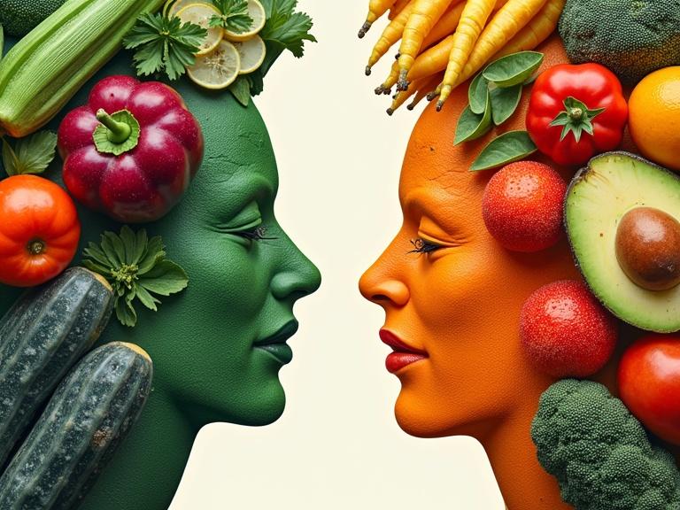 A visually striking arrangement of fresh vegetables and fruits. The contrast represents two lifestyle choices: a sad diet and a vibrant, balanced lifestyle. Inspiring elements suggest health and wellness. Focus on colorful healthful foods.