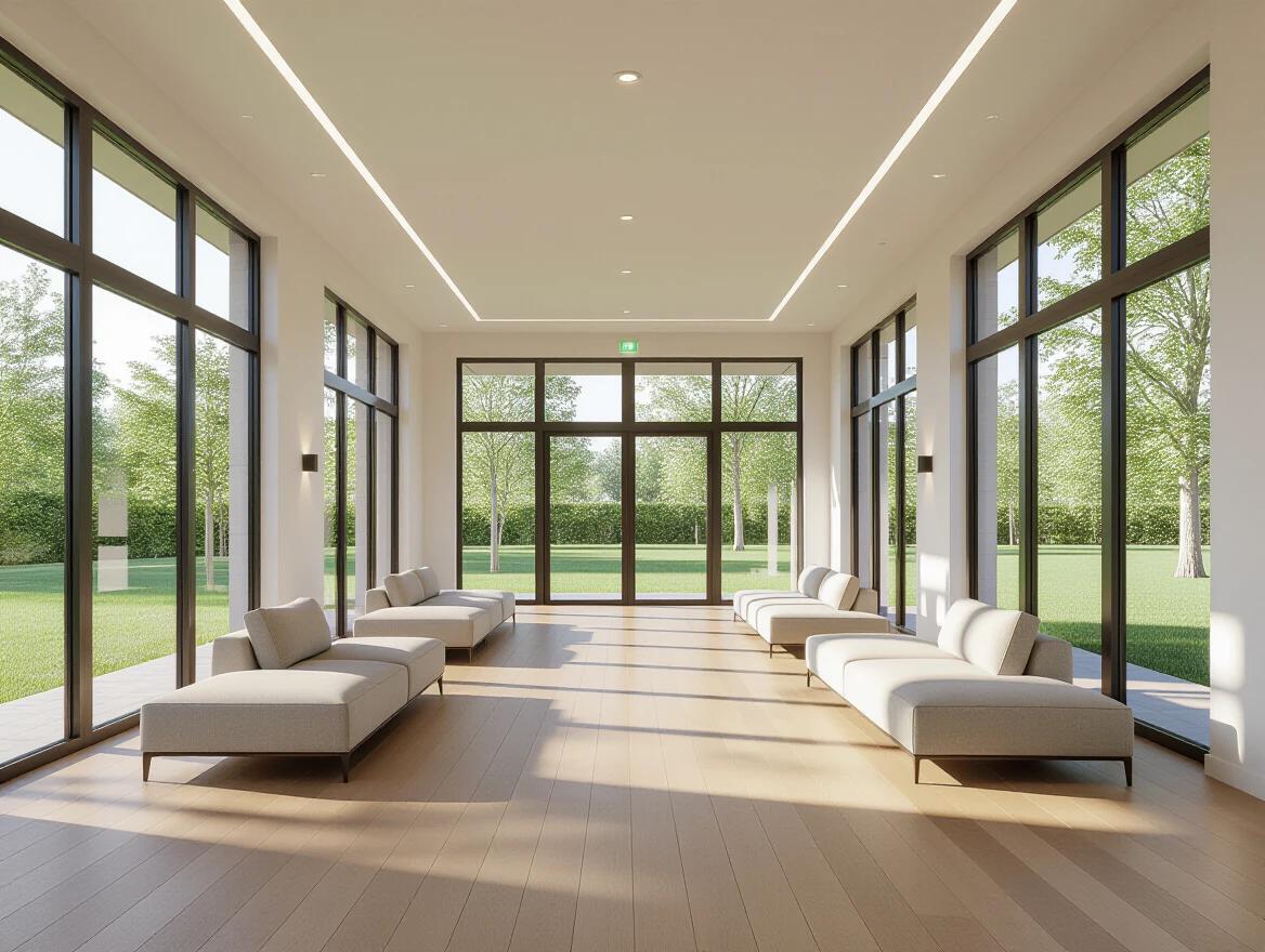 Large hall with solid walls except for one side. Elegant glass windows overlook green lawn. Smooth wooden flooring. Modern ceiling with recessed lights. Minimalist low-profile sofas along walls. Spacious and uncluttered. Warm ambient lighting creates welcoming atmosphere. Designed for gatherings and community events. Photorealistic 8k rendering with ultra-realistic materials. Natural daylight coming from left windows. Soft green grass visible through glass. No skylights or curved surfaces. Neutral colors with subtle reflections and clear architecture.