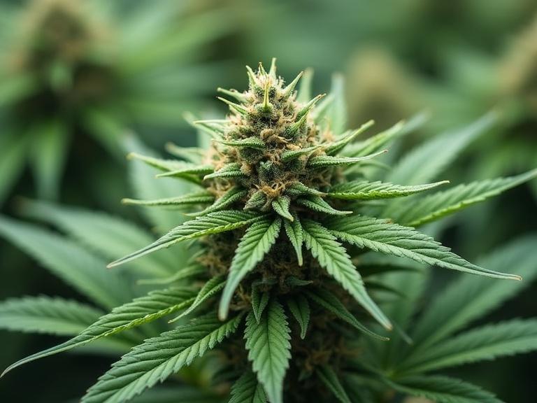 Close-up image of a cannabis flower with lush green leaves. Focus on the bud with intricate details visible. Background features more cannabis plants blurred out.
