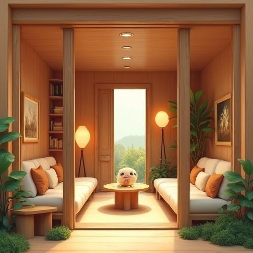 A doorway showing a cozy sanctuary with comfortable couches. Warm cream and beige sofas are arranged around a wooden coffee table. Soft throw pillows and plants enhance the inviting feel. Ambient lighting from lanterns and floor lamps sets a relaxing mood. The space appears larger than the exterior suggests, with curved walls creating an embracing effect. In the background, a gentle woodland creature resembling a forest spirit adds a magical touch. A warm color palette is predominant with natural elements. Portrait orientation exhibits the inviting atmosphere.