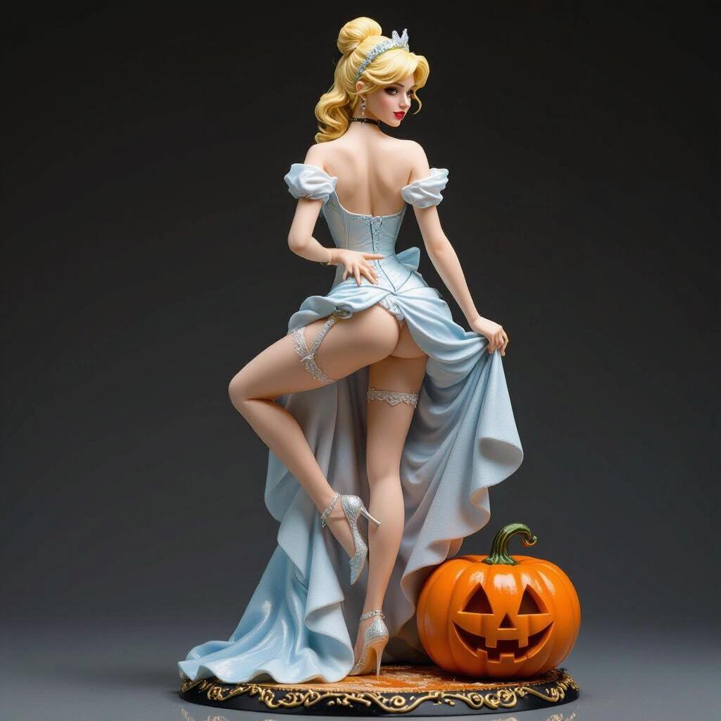 An ultra-detailed resin figure inspired by Cinderella. A sensual blonde woman with a slender body, fair skin, and delicate features. She stands with one leg elevated on a magic pumpkin, adjusting her garter belt, with arched back and confident expression.