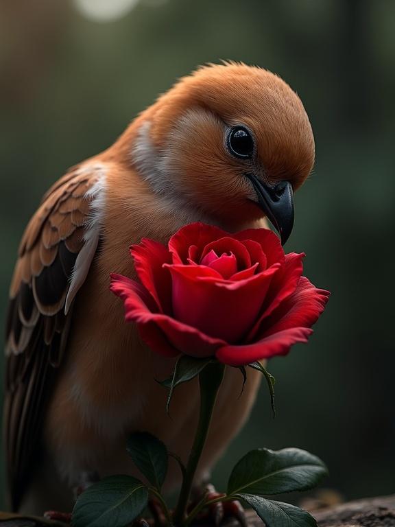 High realism of a warm brown nightingale with golden highlights embracing a vibrant red rose with velvety petals. A sharp thorn pierces the bird's heart causing a drop of blood to fall. Scene illuminated by melancholic golden light with a blurred forest background at sunset. Nightingale shows an expression of pain and resignation, with bright eyes slightly closed. Details of feathers, rose petals, and thorn are highly realistic. Composition evokes tragic romanticism inspired by the symbolism of 'love that hurts'. Cinematic style, selective focus, warm but deep colors, tactile textures.