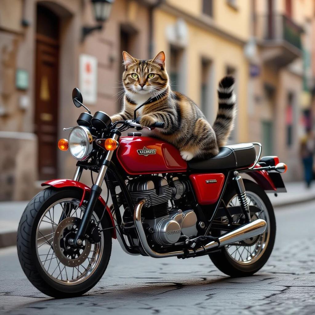 A tabby cat sits confidently on a bright red motorcycle. The scene captures a quaint street lined with historical buildings. The cat looks directly at the viewer with a playful expression. The motorcycle gleams under natural light, adding to the charm of the image.