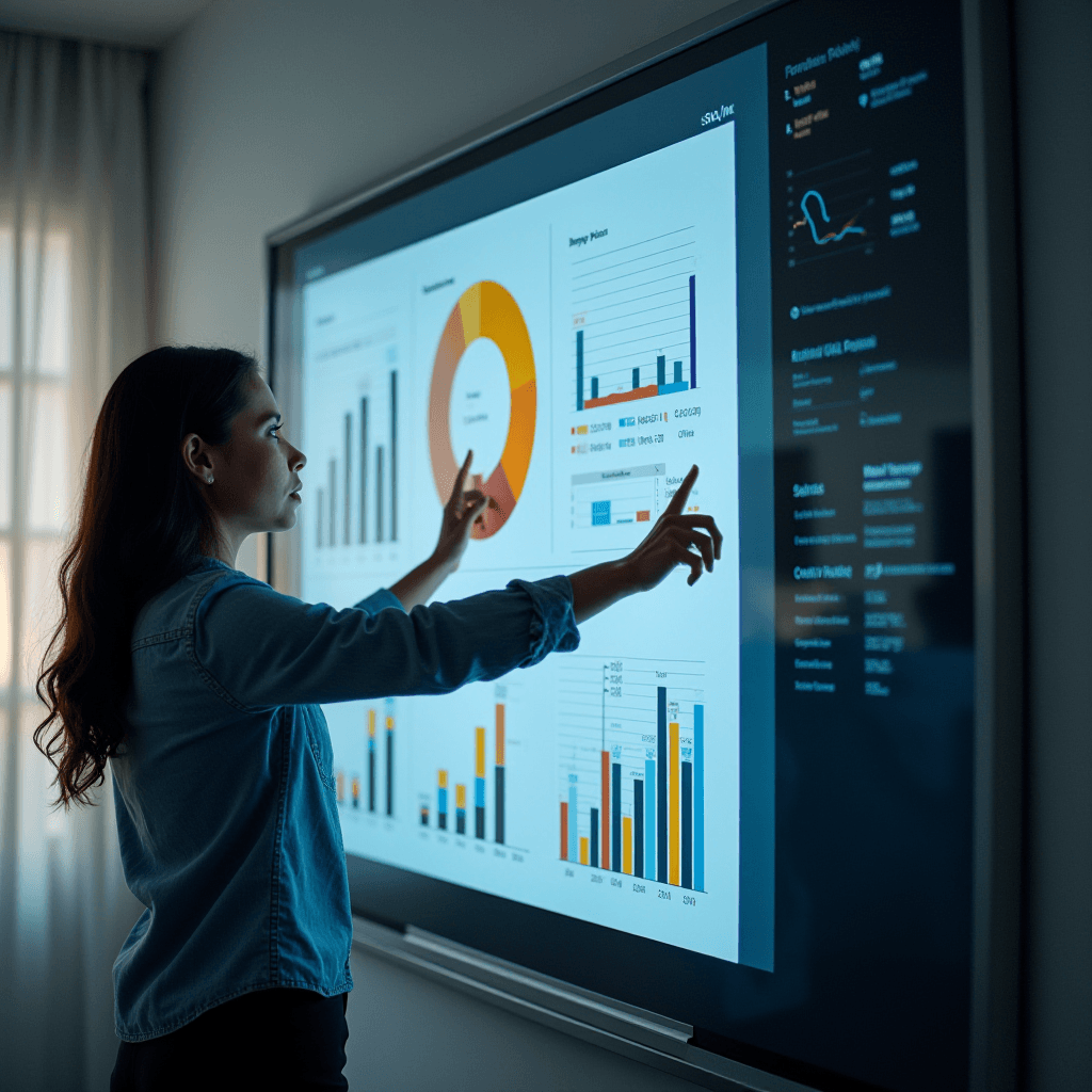 A woman is interacting with charts and graphs on a large touch screen display.