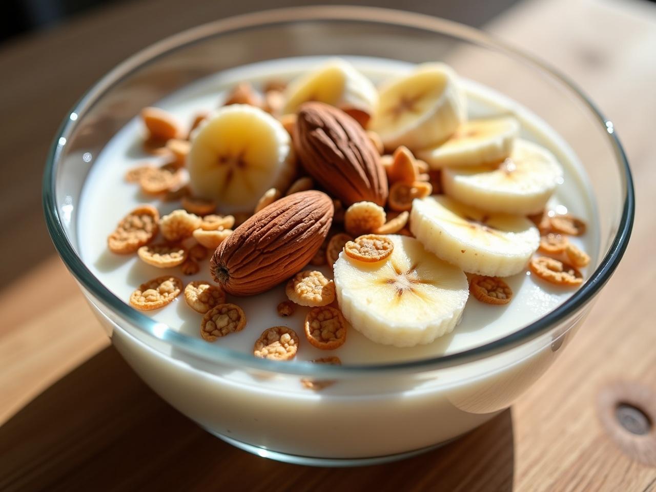 This ultra-realistic image features a generous serving of yogurt topped with granola, honey, and cinnamon. The vibrant yellow bananas and crunchy almonds add a delightful contrast. Coconut flakes enhance the texture and flavor. The scene is beautifully lit with natural sunlight, showcasing the ingredients in a transparent bowl. The composition invites the viewer to enjoy a healthy and appealing breakfast option.