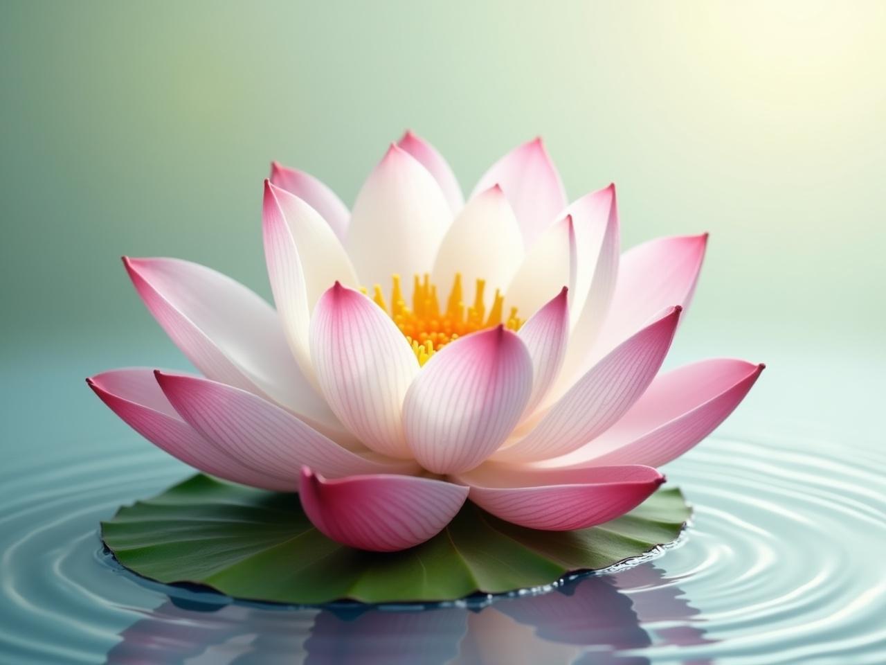 The image features a beautifully detailed lotus flower, showcasing its pink and white petals. The lotus is situated on a green leaf, floating on calm water. The center of the flower has a striking yellow part, which adds to its beauty. The background appears soft and gradient, transitioning from light to darker shades, enhancing the serene ambiance. Light ripples in the water suggest a gentle breeze, further emphasizing tranquility. Overall, the composition evokes a sense of peace and natural elegance.