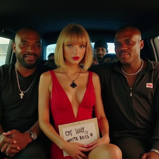 Taylor Swift filming a music video scene in a limousine at night. Attractive woman has a busty appearance with a blonde bob and big blue eyes. She is holding a sign that says 'off limits white bois'. Dressed in a tight red bodycon dress with deep cleavage, black spade pendant, short miniskirt, and high heels. Sitting between two large men, one supporting her, while looking scared, surrounded by other men.
