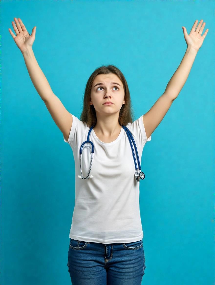 A young woman stands with raised arms. She looks downward. Her body language shows relief or celebration. She wears a simple white t-shirt. A stethoscope hangs around her neck. The background is a solid aqua blue. The image conveys health and wellness themes.