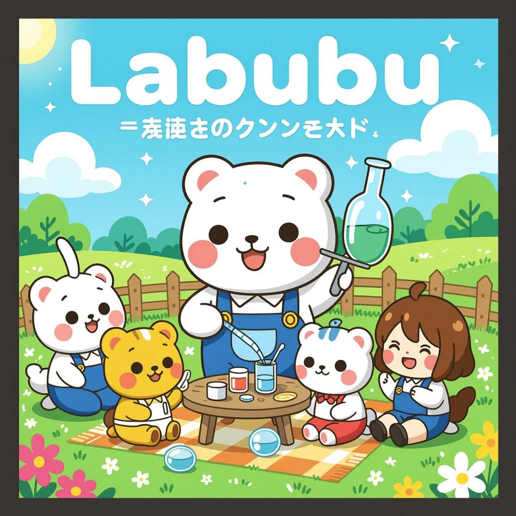 Cute cartoon characters gather in a sunny outdoor setting. A bear character holds a chemistry flask. Children and animal friends enjoy a fun learning experience.