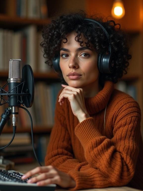 A portrait of a woman in her 30s with curly hair and olive skin. She wears a rust sweater and large headphones. Seated in front of a vintage microphone. Bookshelves and notebooks in the background. Adjusting a gain knob on a mixer. Warm and ambient lighting.