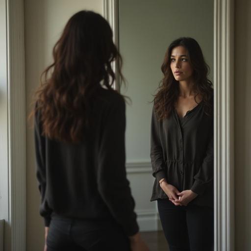 A woman stands in the middle of a room staring into a mirror. Her reflection appears familiar but feels distant. Eyes lack luster and show lost dreams. She has stopped caring about life choices. It feels like a memory. She acknowledges her current existence. This is enough for now.