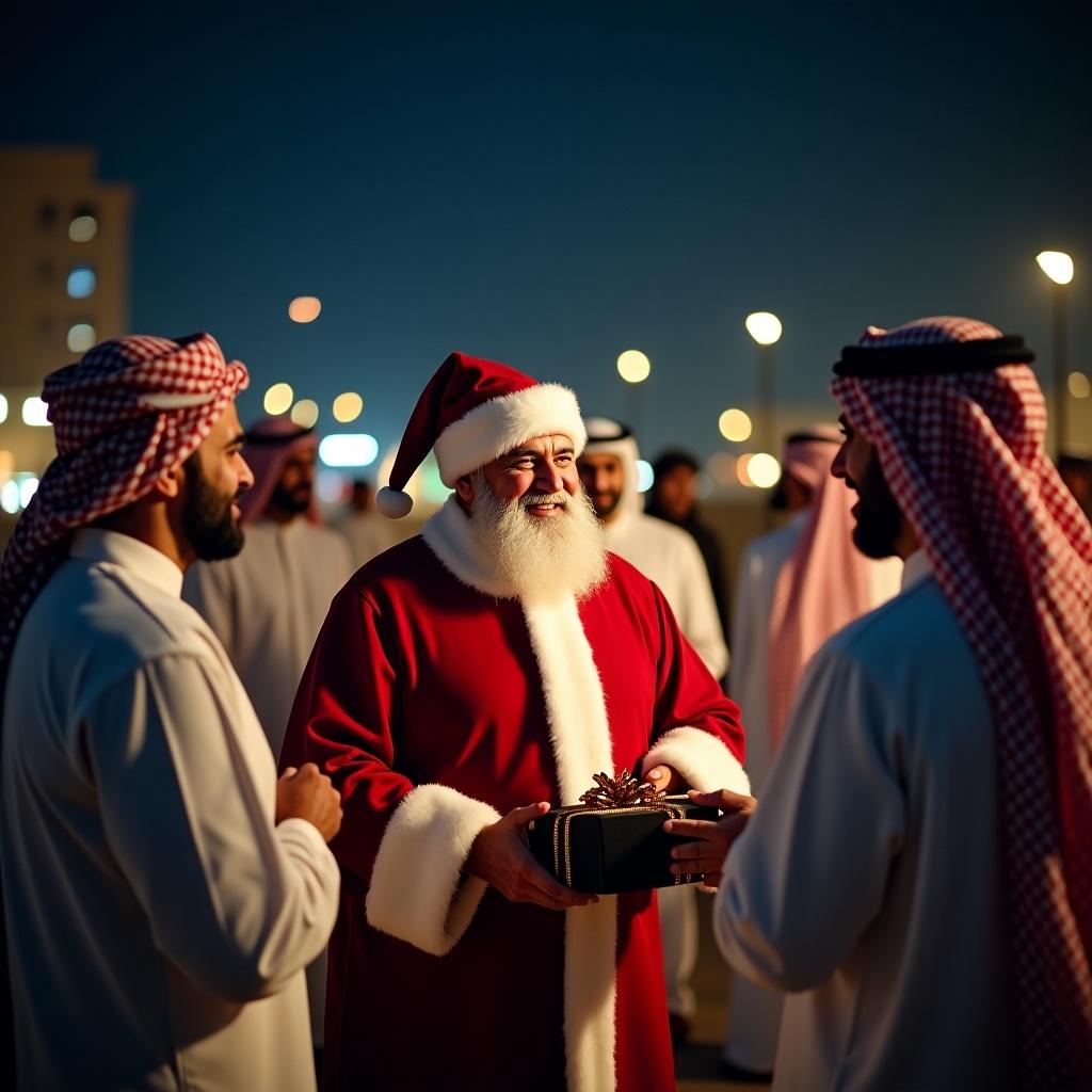 A winter night scene features Santa Claus giving a gift. The background shows an Emirati ambiance with dark UAE surroundings. Several Arab men are present in traditional attire. The atmosphere is festive and cheerful.