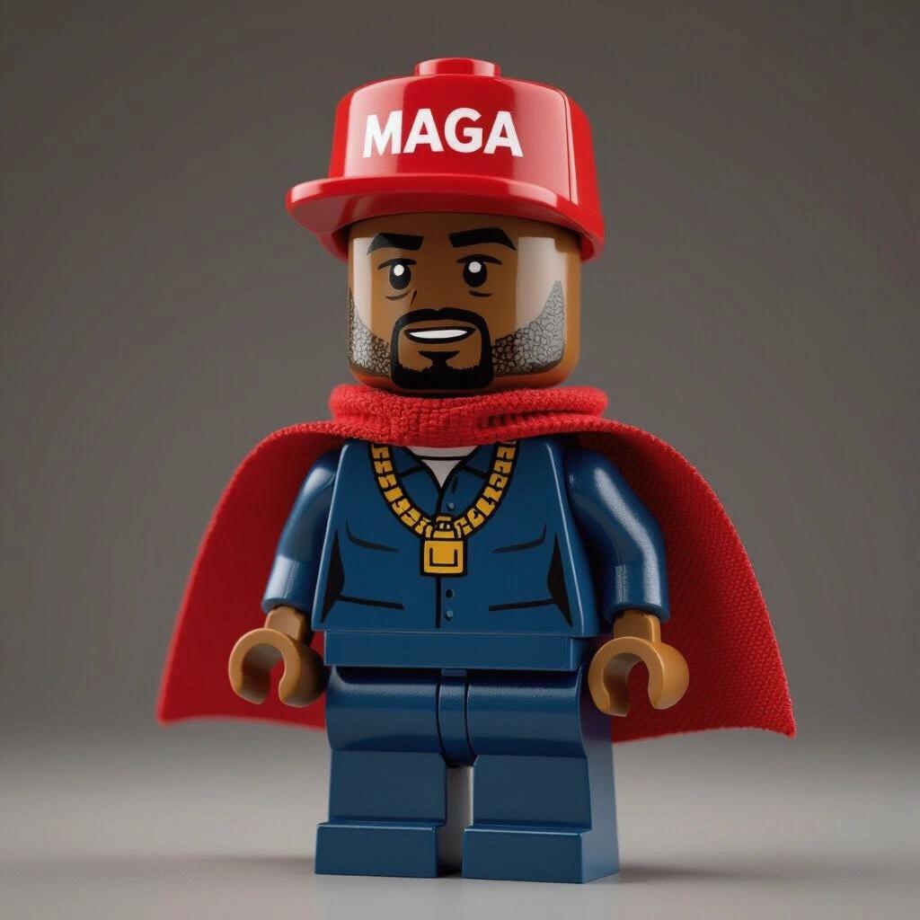 Lego character inspired by a famous musician. Character wears a red MAGA hat with a stylish cape. Outfit includes a tailored blue suit and highlighted by a gold chain.