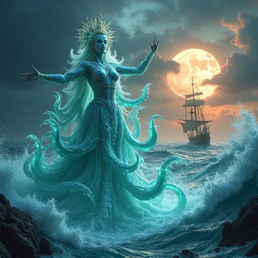 A digital artwork shows a crystalline sea deity emerging dramatically from an ocean during a twilight storm. The deity has a humanoid upper body transitioning into translucent blue-green tentacles. The face combines human features with aquatic elements. A crown of coral and glowing appendages adorns the deity. The scene includes whirlpools and a sailing vessel caught in the tempest. Three moons are visible in a fractured sky. Light sources create visual complexity reflecting off water and the deity's form. The wide-angle perspective guides the eye through the chaos. The artwork demonstrates high attention to detail and intricate composition.