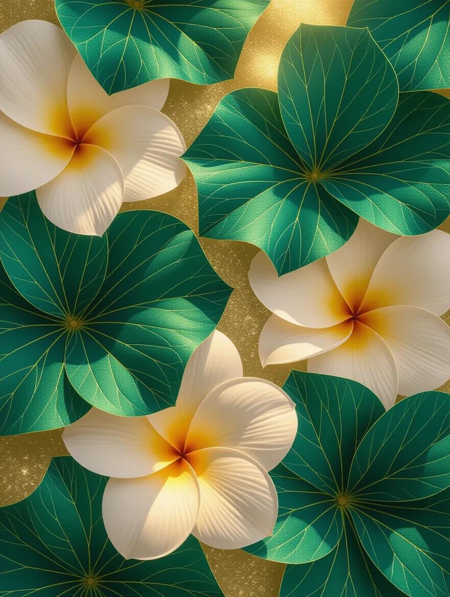 Close-up image of tropical flowers. Petals in emerald green and amber. Overlapping layers create depth. Smooth and glossy surfaces. Warm golden light enhances beauty. Low viewpoint adds scale. Ethereal atmosphere with luxury feel.