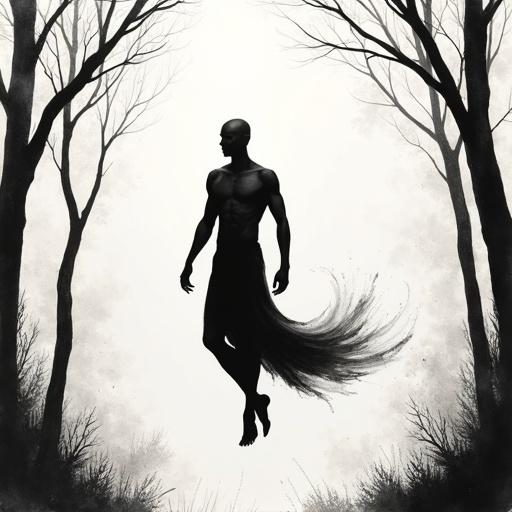 Bald human silhouette in black fill. Male figure floating with flowy body movement. Set in a forest. Monochrome minimalist sketch style with delicate ink lines on textured paper. Evokes a serene mood with inspiration drawn from traditional Asian brushwork.