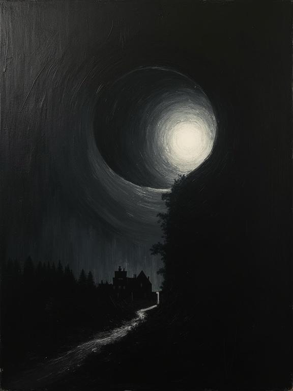 An extremely rough oil painting on a black background. A giant silhouette eye emerges diagonally from the top right. The eye is filled with cosmic void. A shadowy silhouette of a small rural town rises towards the bottom of the eye. Title included in the middle.