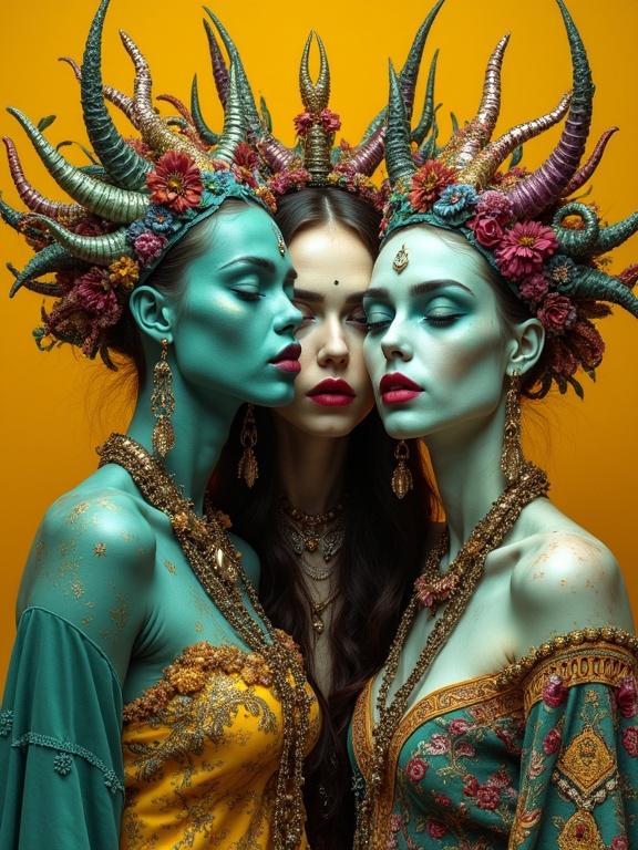 A surreal whimsical portrait featuring three exquisite legendary gypsies. They have shades of green and magenta. The background is yellow ocher and burnt sienna. Elaborate headpieces and intricate details are prominent. It is a hyper-detailed composition with a focus on colors.