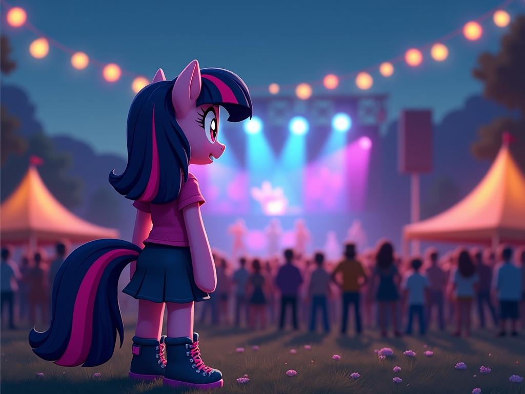 Twilight Sparkle is at a music festival. She looks towards a stage where her favorite band is performing at night. The atmosphere is vibrant with lights and a large crowd.