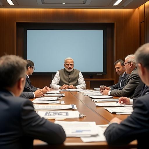 A meeting in a modern Situation Room. Modi sits with his energy policy team. They discuss India's energy transition amid global demands. Documents on energy data and renewable projects spread out. Discussion on renewable energy share and fossil fuel reduction.