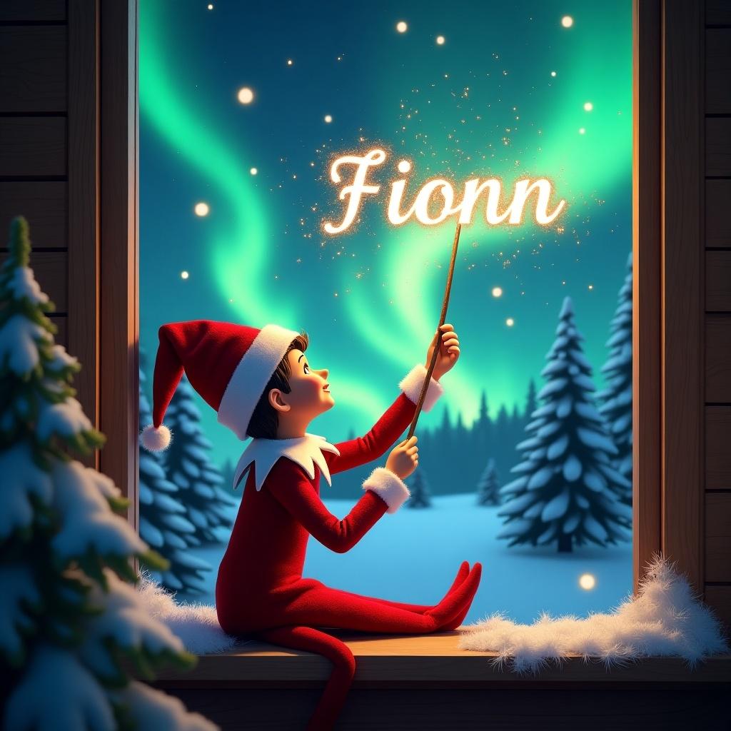 An elf on the shelf sits on a windowsill. The elf gazes up at the sky. The elf uses a wand to create magical sparks. The background shows vibrant northern lights. Snow-covered pine trees surround the scene. The elf wears a bright red outfit with fluffy white trim. The elf writes the name Fionn in sparkling letters.