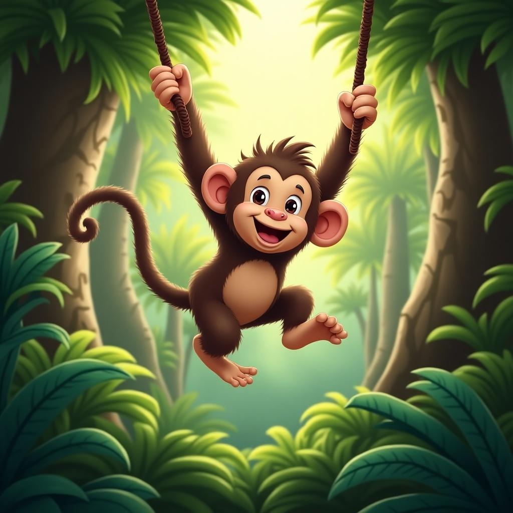 The image features a cute cartoon monkey joyfully swinging from a vine in a lush jungle. The monkey is brown with a playful expression and oversized ears, enhancing its charm. Surrounding the monkey, rich green foliage and tall trees create a vibrant backdrop, filled with life and color. The sunlight filters through the trees, giving the scene a warm and inviting atmosphere. This cheerful setting evokes a sense of playfulness and adventure, perfect for captivating children.