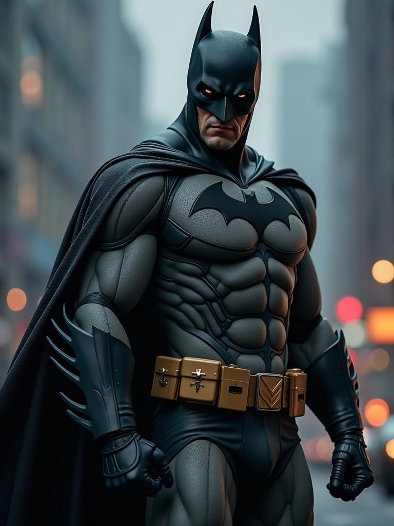 A superhero figure stands confidently in an urban setting. The character wears a dark costume with a cape, showcasing a muscular build. The background features blurred city elements. The atmosphere is moody and dramatic.