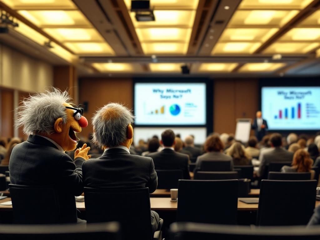 Photorealistic image of a brightly lit conference room filled with business professionals. In back, two Muppet-style characters resembling Statler and Waldorf laugh and whisper. Front has a speaker from Microsoft presenting on 'Why Microsoft Says No?' with slides showing financial data. Serious audience contrasts with the playful banter of the characters. Modern décor with projector screens and chairs.