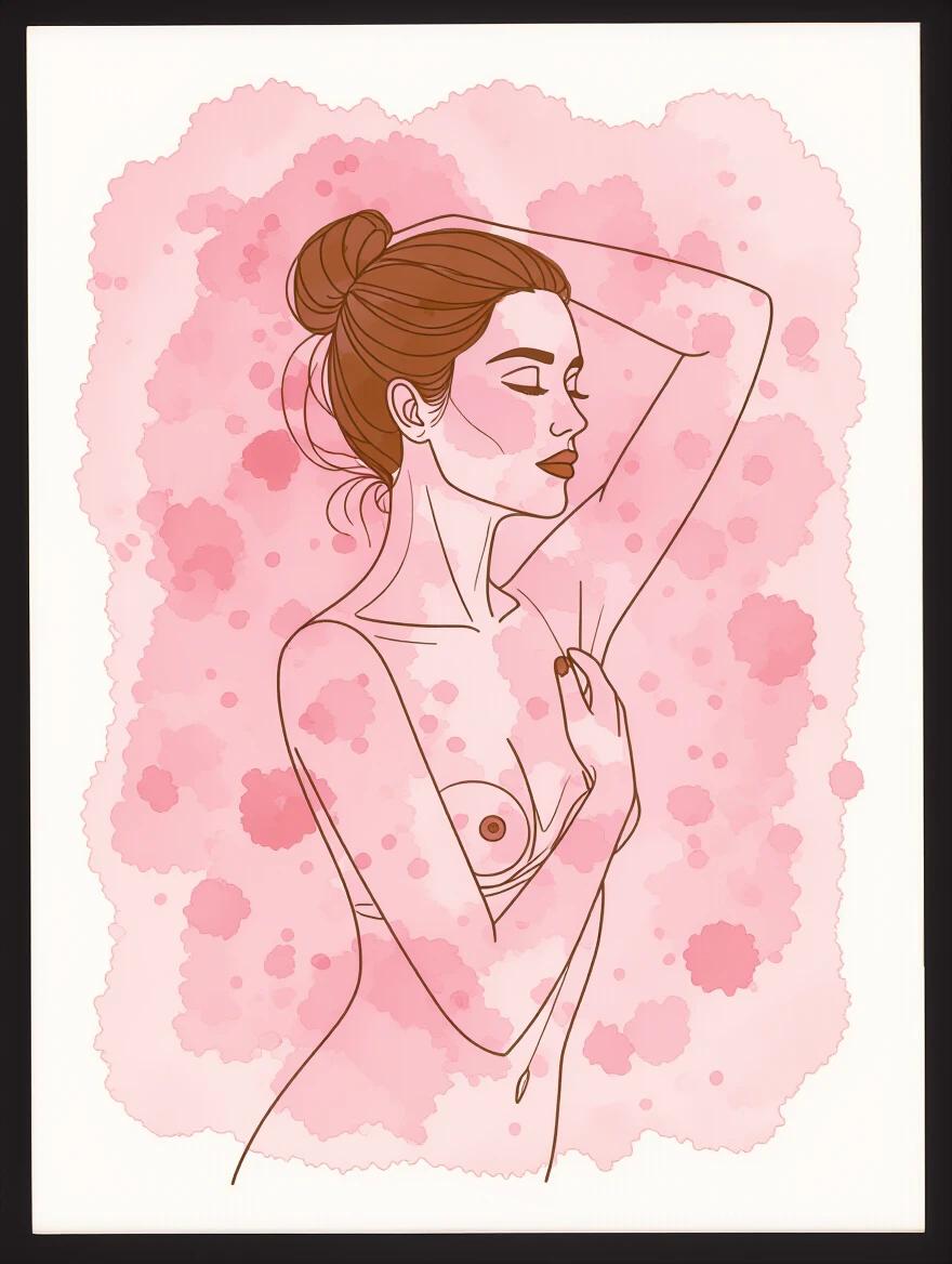 This image is a digital line drawing of a female figure with a pink watercolor background. The figure is outlined in thin brown lines. The hair is styled in a bun. One arm is raised and the other rests across the chest. The background shows a splattered pink watercolor effect. The style is clean, minimalist, and modern.