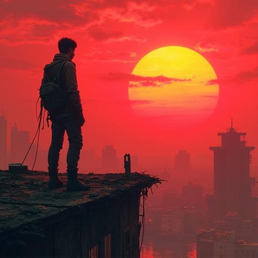 Highly detailed painting of a cyberpunk city on Proxima B. Permanent crimson sunset. Young man with weathered clothes. Decaying rooftop. Looking toward the horizon. Solar flares in the sky. Gritty texture. Cinematic composition.