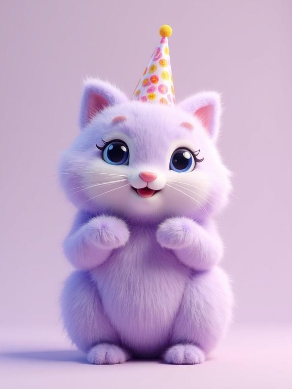 3D rendering of a furry character. Character appears cute and playful. Designed with fluffy texture in bright mint and lilac colors. Character has a happy expression. Set against a simple pastel background.