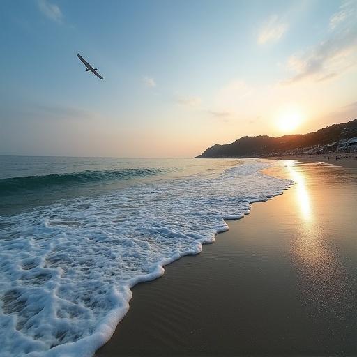 Endless horizon by the seaside. Calm ocean waves. Sunset on the beach with a plane in the sky. Scenic view of tranquility and nature.
